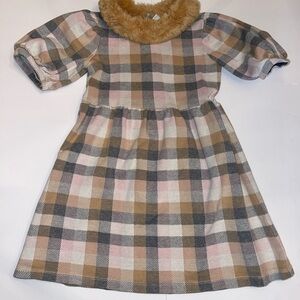 Janie and Jack Girls 6 Tan Cream Gray Plaid short sleeve Dress Faux Fur Collar